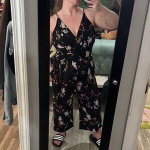 Kaileigh Black Floral V-Neck Tie-Waist Jumpsuit